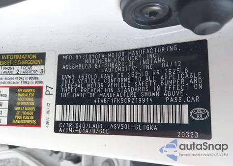 2012 Toyota Camry Xle из США, поврежденный, VIN 4T4BF1FK5CR219914